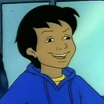 A screenshot of an animated cartoon character with short black hair, brown skin, and a blue hoodie, smiling with a slightly mischievous expression. The image is used as a meme to represent the 'face of the new world order.'