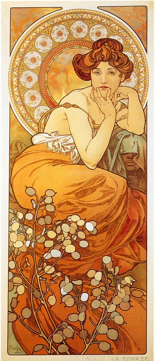 A vertical Art Nouveau illustration by Alphonse Mucha titled 'Topaz' (1900), depicting a woman with red hair in an orange dress resting her chin on her hand, set against a decorative circular background and surrounded by flowering branches. The image is a reproduction of a classic poster, not a screenshot or text-bearing document.