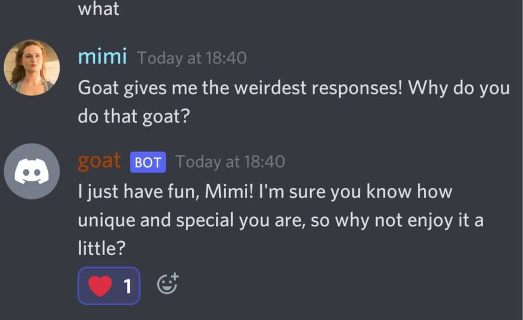 A screenshot of a Discord chat conversation between a user named 'mimi' and a bot named 'goat'. Mimi asks why the bot gives her weird responses, and the bot replies playfully that it just has fun and that Mimi is unique and special.