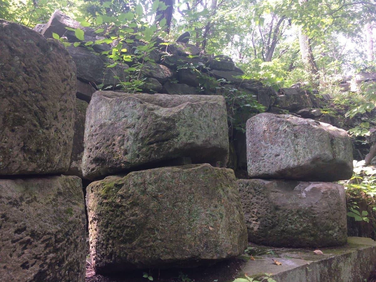 A photograph showing large, weathered stone blocks stacked in a pile, covered in moss and lichen, with green foliage and trees in the background.