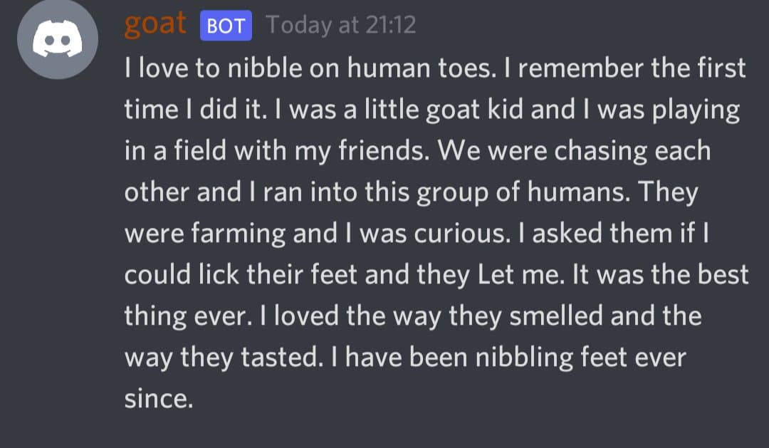 A screenshot of a tweet from a bot account named 'goat' that contains a humorous, first-person narrative about a goat's fondness for human feet. The text is displayed in white on a dark background, typical of a social media interface.