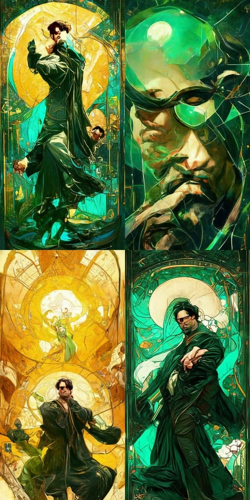 A four-panel digital art collage depicting the character Neo from The Matrix in the Art Nouveau style of Alphonse Mucha. The panels feature stained-glass aesthetics with vibrant green and gold color palettes, showing Neo in various poses including a close-up of his face with sunglasses and a full-body shot with a halo-like background.