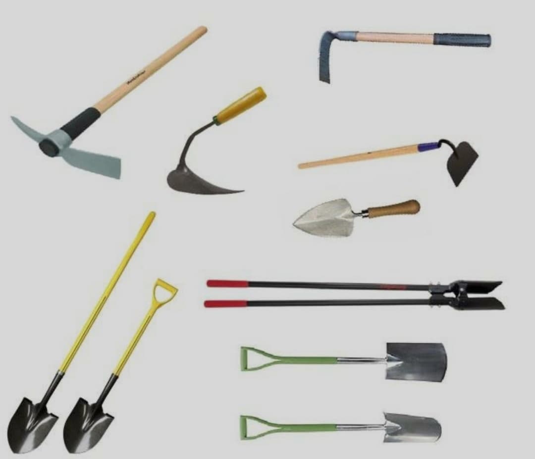 A collection of various gardening and digging tools, including shovels, hoes, a pickaxe, and a trowel, arranged on a plain white background. The image is used to humorously illustrate the concept of 'groundbreaking inventions.'