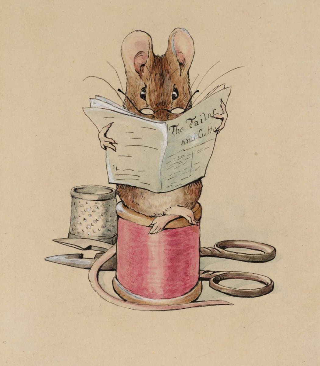 A vintage watercolor and ink illustration of a brown mouse sitting on a spool of pink thread, reading a newspaper. The scene includes a thimble and a pair of scissors on the table in front of the mouse.