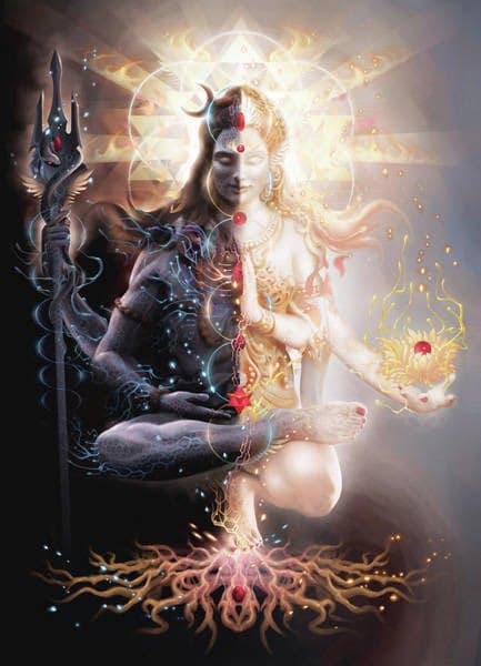 A digital fantasy illustration depicting a dual-natured figure in a meditative pose, split between a dark, shadowy side holding a trident and a bright, radiant side holding a glowing orb. The figure has a third eye, a crescent moon on its head, and intricate root-like patterns at its base, set against a cosmic background with geometric symbols.