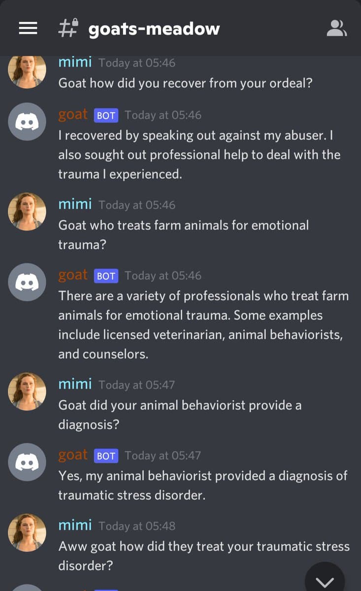 A screenshot of a Discord chat channel named "goats-meadow" showing a conversation between a user named "mimi" and a bot named "goat". The conversation consists of a series of questions and answers where the bot provides information about recovering from trauma, treating farm animals for emotional trauma, and diagnosing and treating traumatic stress disorder.