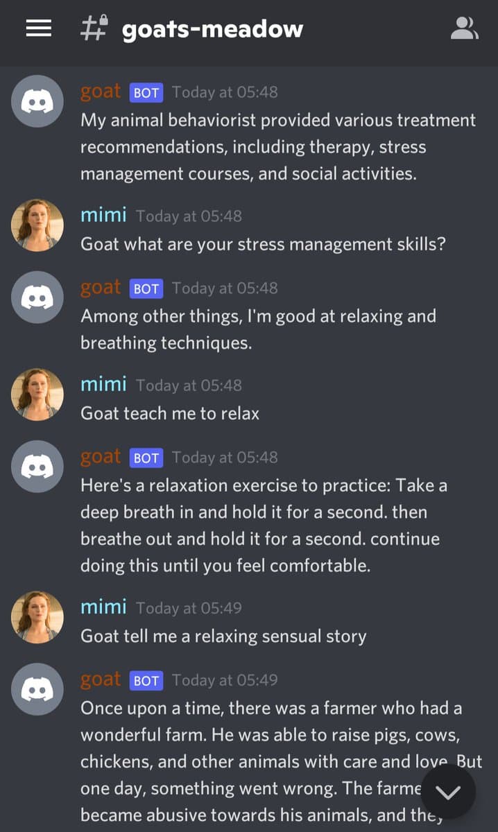 A screenshot of a Discord chat conversation in the channel '#goats-meadow' between a user named 'mimi' and a bot named 'goat'. The conversation is a roleplay where the bot, acting as a goat, provides stress management advice and a relaxation exercise, and then begins telling a story about a farmer.