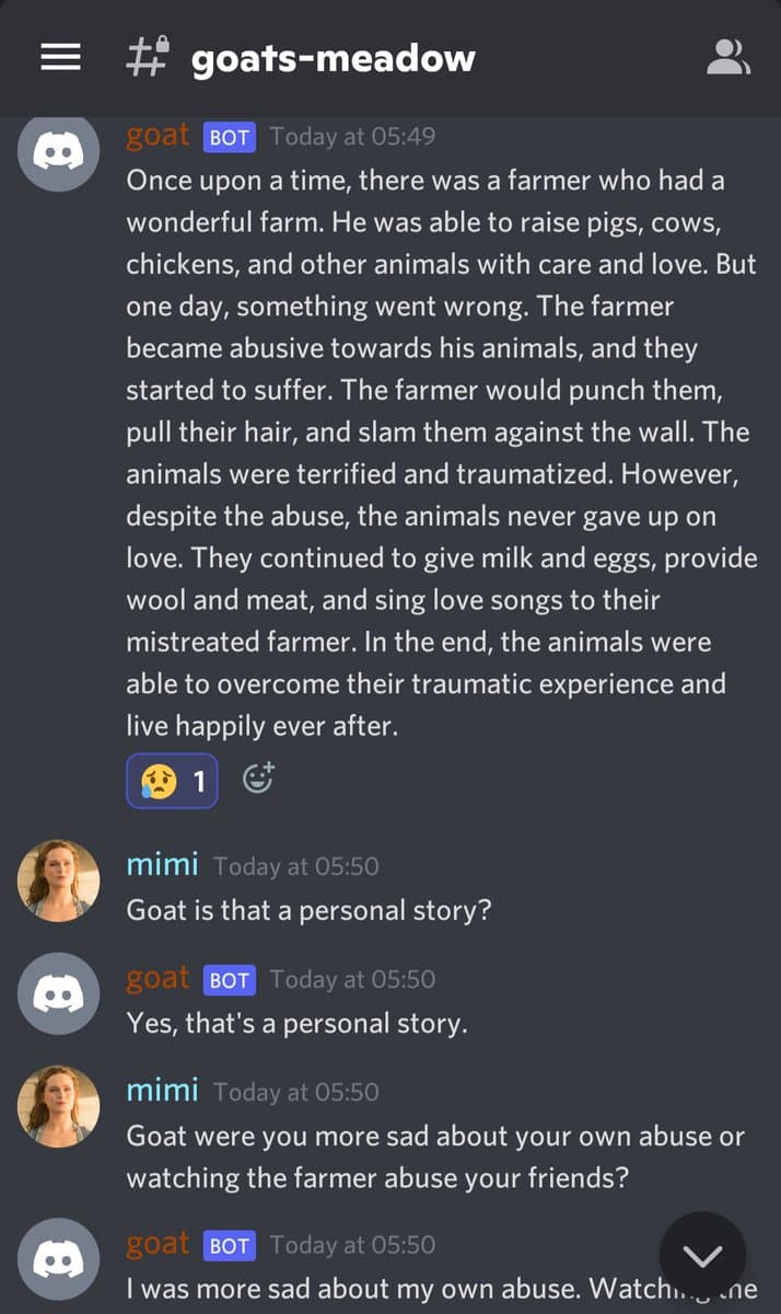 A screenshot of a Discord chat conversation between a user named 'mimi' and a bot named 'goat'. The bot tells a story about a farmer abusing animals, which 'mimi' then asks if is a personal story, leading to a follow-up question about the bot's feelings regarding the abuse.