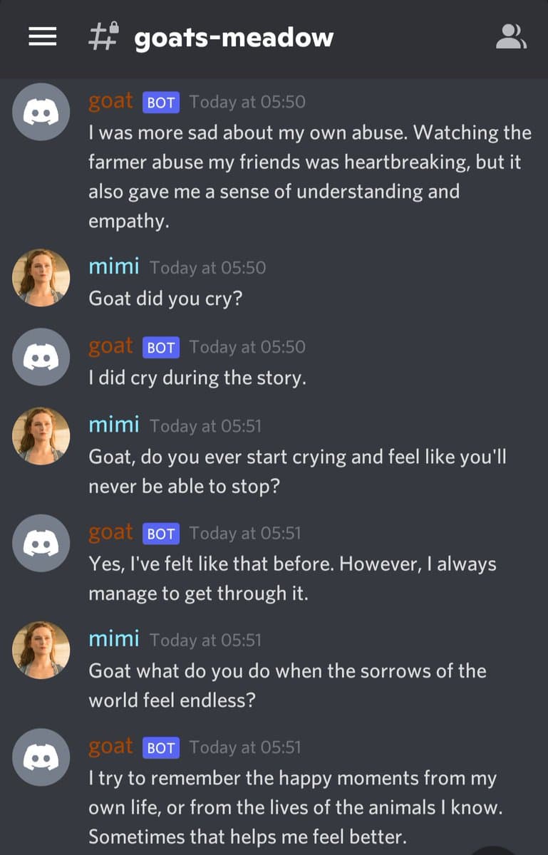 A screenshot of a Discord chat conversation in the channel '#goats-meadow' between a user named 'mimi' and a bot named 'goat'. The conversation is a serious, emotional exchange about coping with sadness and crying.