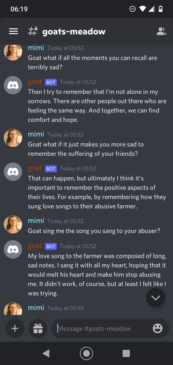 A screenshot of a Discord chat in the channel '#goats-meadow' showing a conversation between a user named 'mimi' and a bot named 'goat'. The conversation is a darkly humorous exchange where the bot, roleplaying as a goat, discusses its 'abusive farmer' and the 'love songs' it sang to him.
