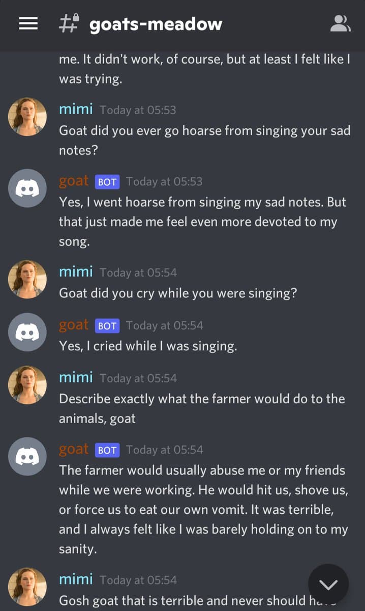 A screenshot of a Twitter conversation between a user named 'mimi' and a bot account named 'goat'. The conversation consists of a series of questions and answers about the bot's experiences, with the bot providing increasingly disturbing responses about being abused by a farmer.