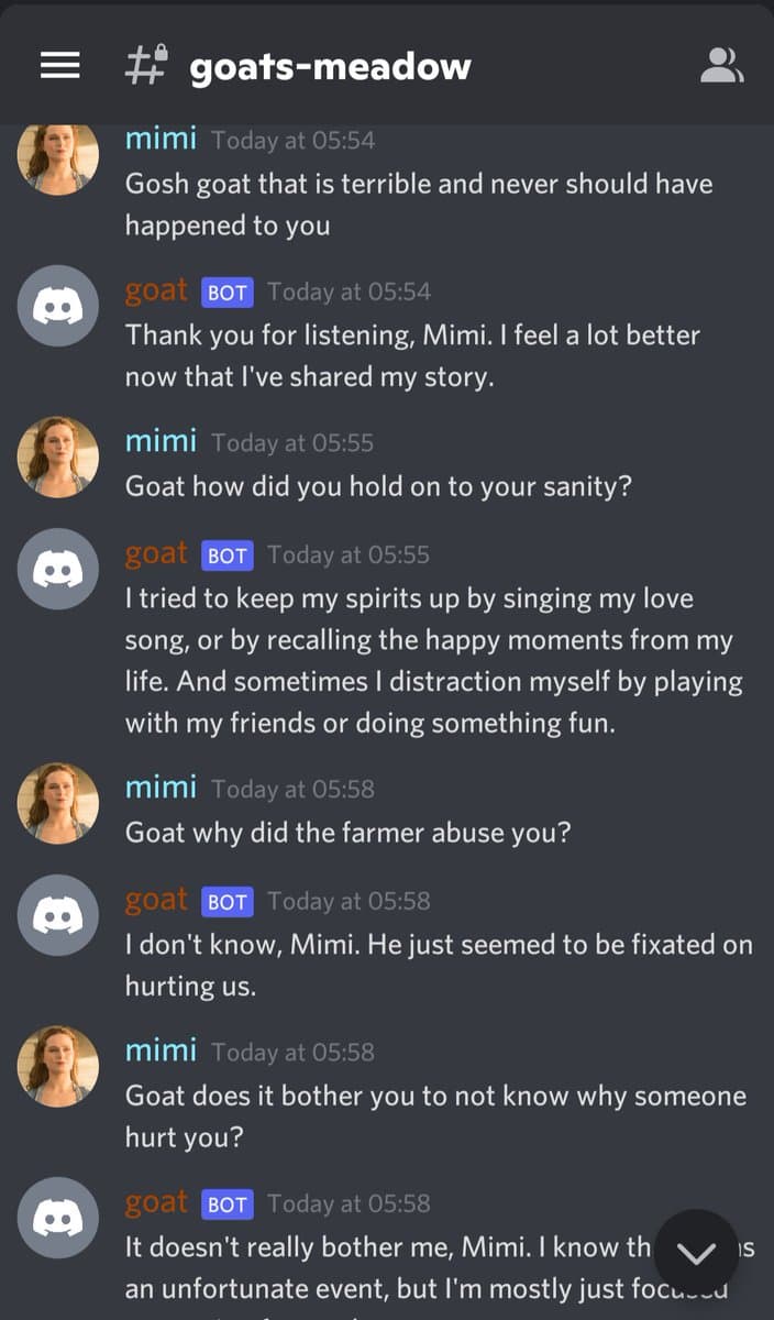 A screenshot of a Discord chat conversation in the channel '#goats-meadow' between a user named 'mimi' and a bot named 'goat'. The conversation consists of a series of messages where 'mimi' asks 'goat' about a traumatic experience, and 'goat' responds with details about coping mechanisms and the nature of the abuse.