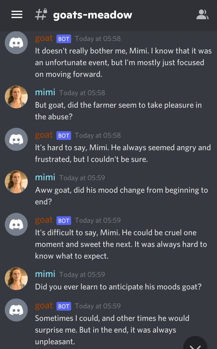 A screenshot of a Discord chat conversation in the channel '#goats-meadow' between a user named 'mimi' and a bot named 'goat'. The messages discuss a character's behavior and mood changes.