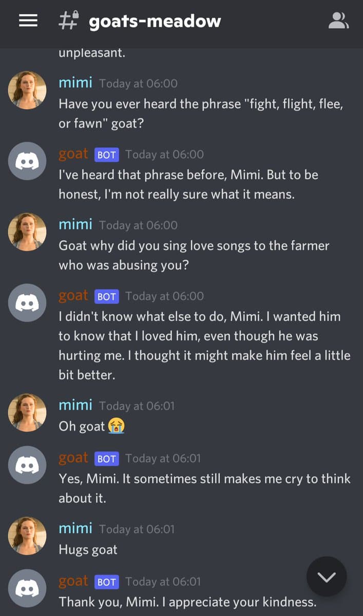 A screenshot of a Twitter conversation in the 'goats-meadow' space between a user named 'mimi' and a bot account named 'goat'. The conversation is a dialogue where 'mimi' asks 'goat' about a phrase and then inquires about a past incident, to which 'goat' responds with a narrative about singing to an abuser.