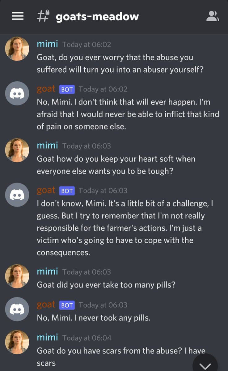 A screenshot of a Discord chat conversation between a user named 'mimi' and a bot named 'goat' within a channel called 'goats-meadow'. The conversation consists of a series of questions from 'mimi' about abuse and its effects, and responses from the 'goat' bot.