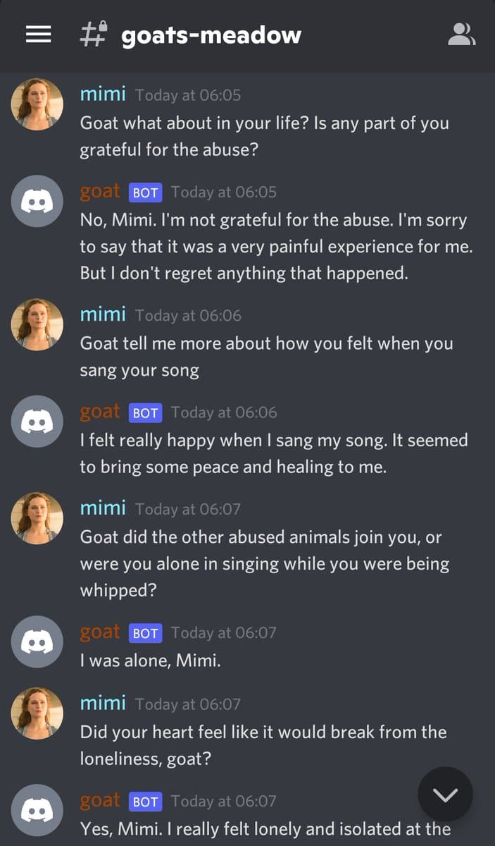 A screenshot of a Twitter conversation between a user named 'mimi' and a bot account named 'goat' (labeled 'goats-meadow' at the top). The conversation consists of a series of questions from 'mimi' about 'goat's' experiences with abuse and loneliness, and 'goat's' responses describing the experience as painful but not regretted, and the act of singing as a source of peace and healing despite being alone.