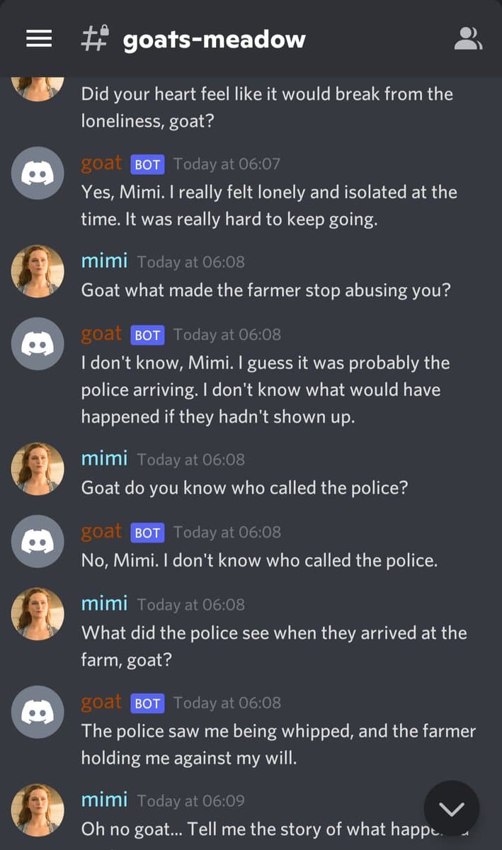 A screenshot of a Discord chat conversation between a user named 'mimi' and a bot named 'goat'. The conversation is a role-play where 'mimi' interviews 'goat' about a traumatic experience of abuse by a farmer, with 'goat' describing being lonely, isolated, and physically restrained until the police arrived.