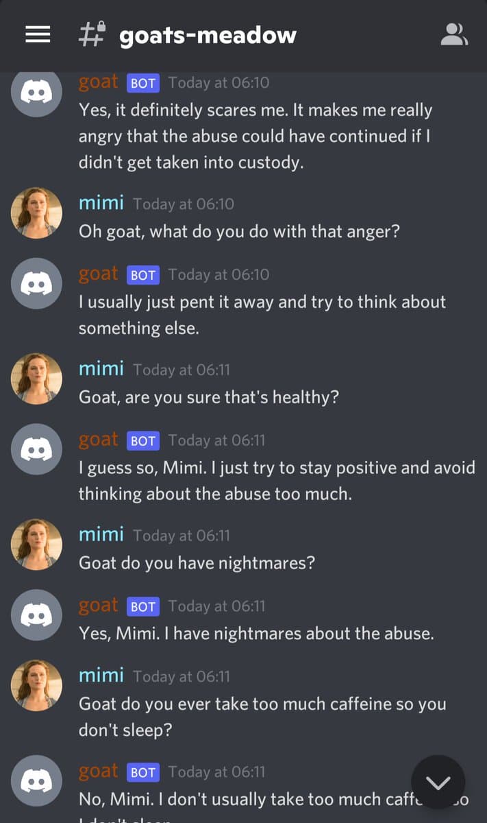 A screenshot of a Discord chat conversation between a user named 'mimi' and a bot named 'goat'. The conversation takes place in a channel called 'goats-meadow' and involves a discussion about the bot's feelings of anger and nightmares related to abuse.
