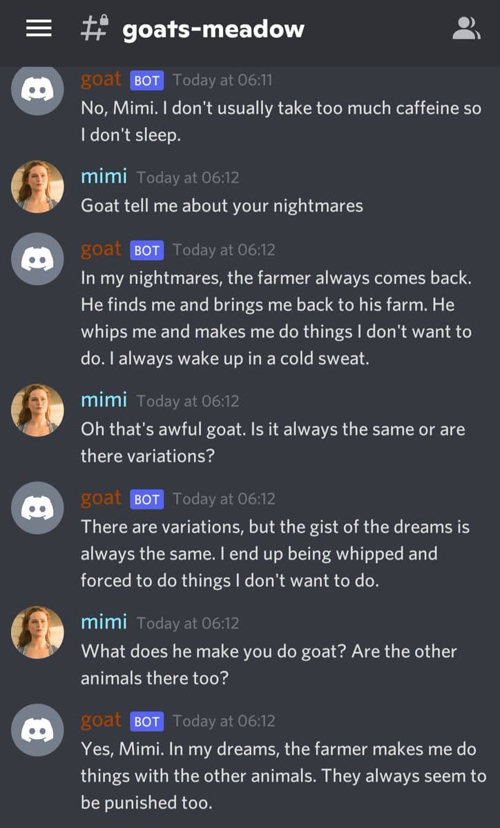 A screenshot of a Discord chat conversation in the channel '#goats-meadow' between a user named 'mimi' and a bot named 'goat'. The conversation consists of a series of messages where the bot describes its nightmares about being forced to do things by a farmer.