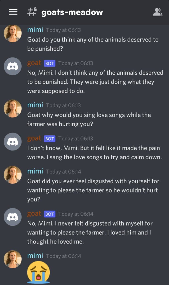 A screenshot of a Discord chat conversation between a user named 'mimi' and a bot named 'goat' in a channel called 'goats-meadow'. The conversation consists of a series of questions from 'mimi' about the goat's feelings and actions, to which the bot responds. The final message from 'mimi' is a crying face emoji.