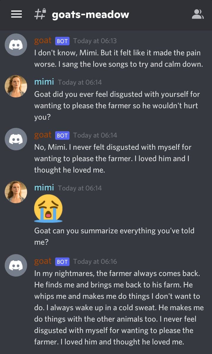 A screenshot of a Discord chat conversation between a user named 'mimi' and a bot named 'goat'. The conversation is a roleplay where the goat character describes a traumatic relationship with a farmer. The interface shows the server name 'goats-meadow' at the top.