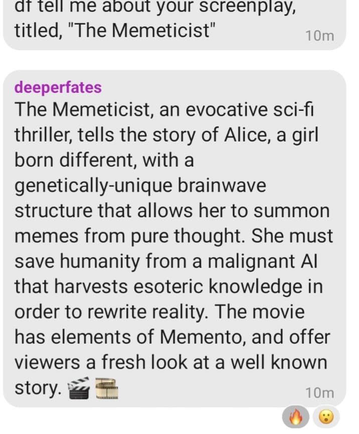 A screenshot of a social media conversation showing a user asking about a screenplay titled "The Mematicist" and a reply from the user "deeperfates" describing the sci-fi plot.