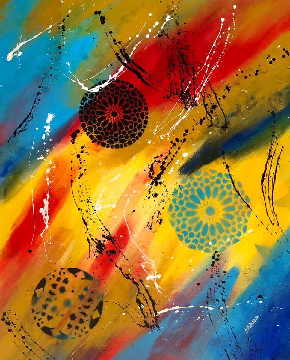 A vibrant abstract painting featuring bold, diagonal brushstrokes in yellow, red, and blue, accented with black and white splatters and three distinct circular geometric mandala patterns.