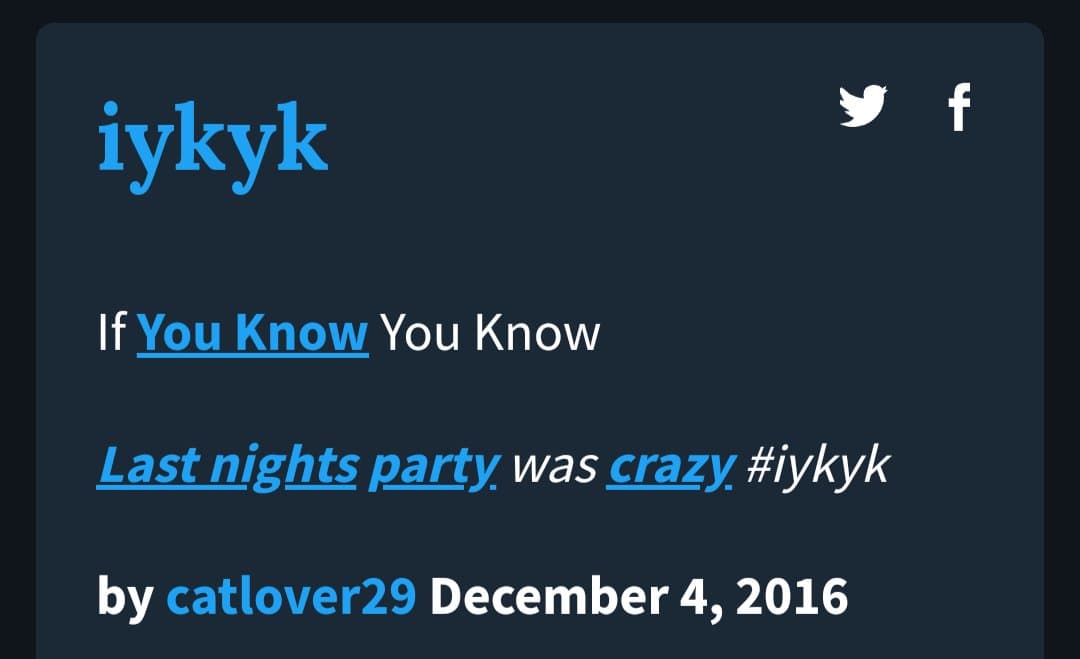 A screenshot of a social media post from the platform 'iyyk' (If You Know You Know). The post, made by user catlover29 on December 4, 2016, reads: 'Last nights party was crazy. #iyyk'.