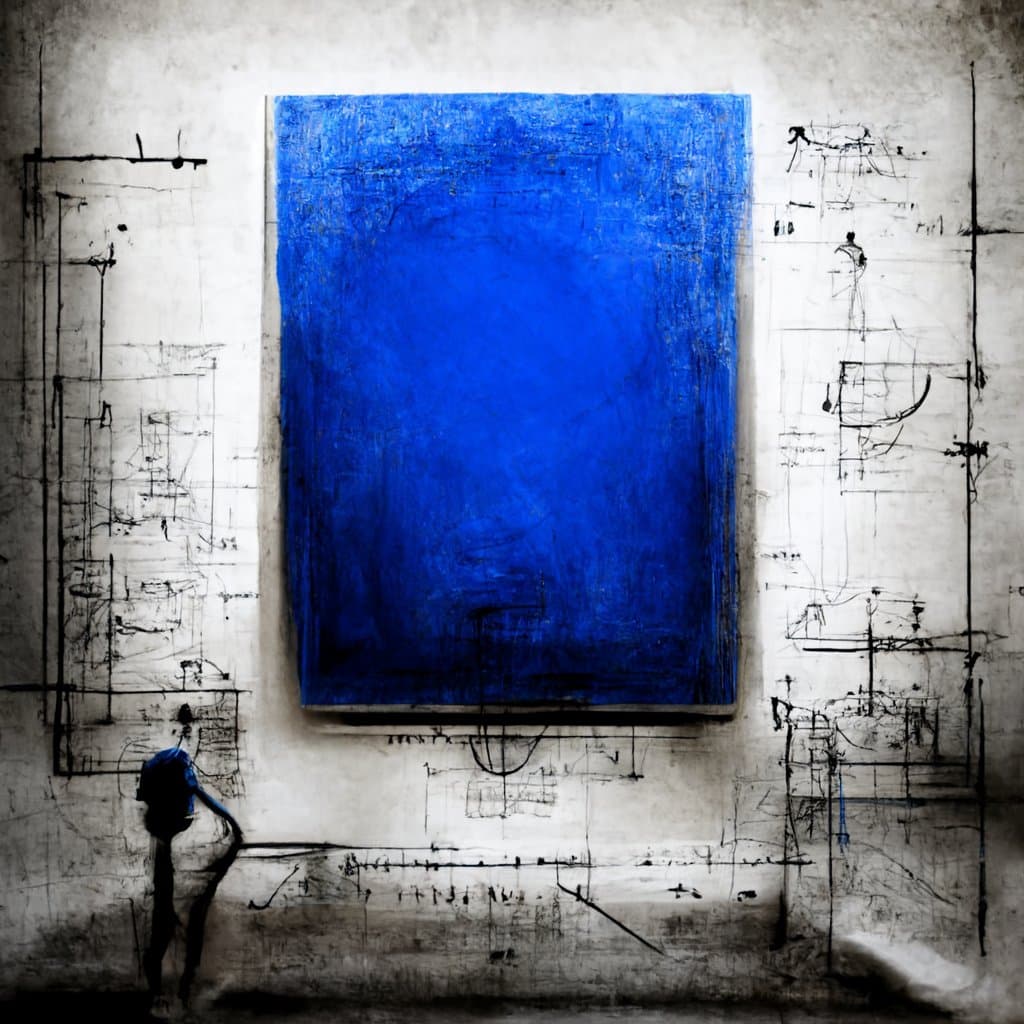 A digital artwork featuring a large, textured blue rectangle centered on a white wall covered in black architectural blueprint lines and sketches. A small, silhouetted figure stands in the lower left corner, looking up at the blue panel.