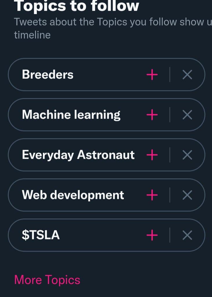 A screenshot of a Twitter 'Topics to follow' settings screen, showing a list of suggested topics. The list includes 'Breeders', 'Machine learning', 'Everyday Astronaut', 'Web development', and '$TSLA', each with a plus and an X icon. A 'More Topics' link is visible at the bottom.