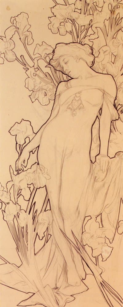 A line-drawing illustration in the Art Nouveau style depicting a woman in a flowing dress standing among tall iris flowers. The artwork is rendered in sepia tones on a light background, featuring elegant, flowing lines characteristic of the style.