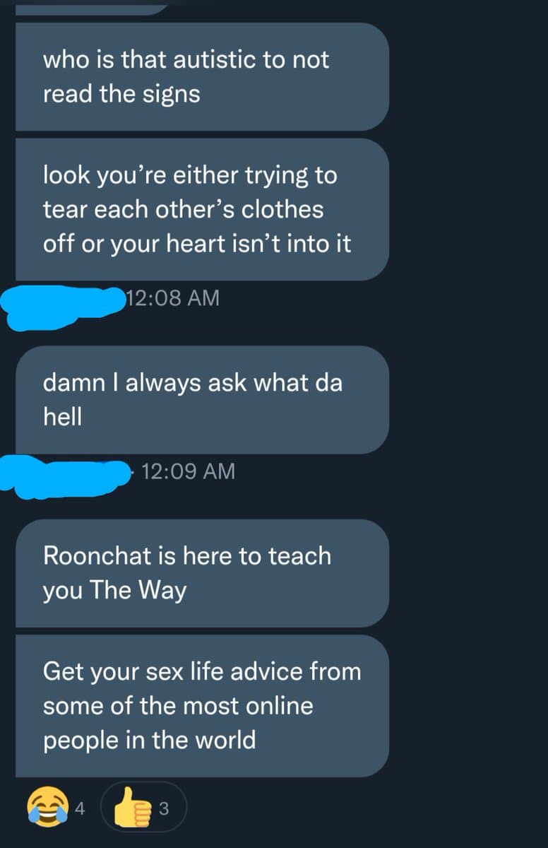 A screenshot of a group chat conversation on a messaging app, showing several text messages with timestamps and blue-redacted usernames. The messages contain humorous and informal exchanges, with one user promoting 'Roonchat' as a source for advice. The interface includes reaction emojis (laughing and thumbs-up) at the bottom.