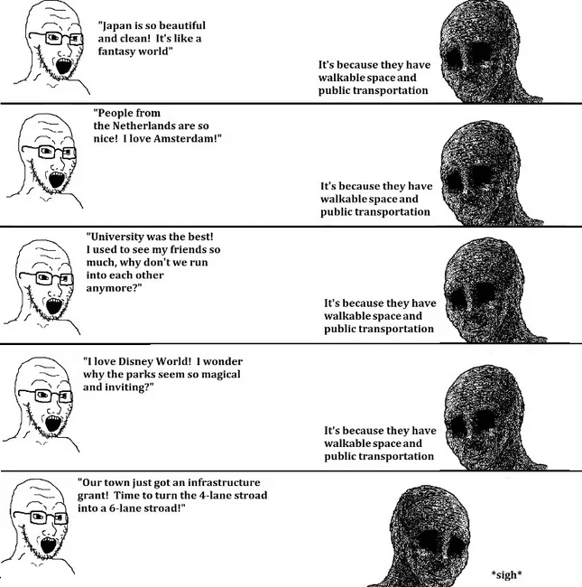 A five-panel black-and-white comic featuring a bearded man with glasses on the left and a shadowy, textured figure on the right. Each panel shows the man making a positive statement about a place or situation, followed by the shadow figure giving the same utilitarian answer about infrastructure, with the final panel ending in a sigh.