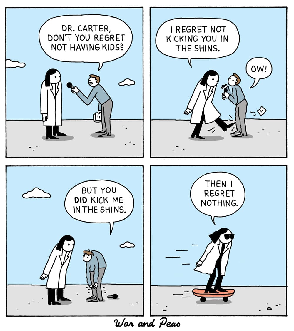 A four-panel comic strip titled 'War and Peas' depicting a humorous interview where a reporter asks a doctor about regret, leading to a physical altercation and a punchline.