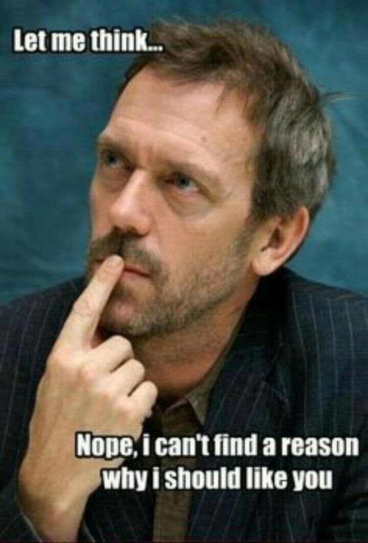 A meme featuring a man in a pinstripe suit with his finger on his chin, looking thoughtful. Text is overlaid on the image. Top text: "Let me think..." Bottom text: "Nope, i can't find a reason why i should like you".
