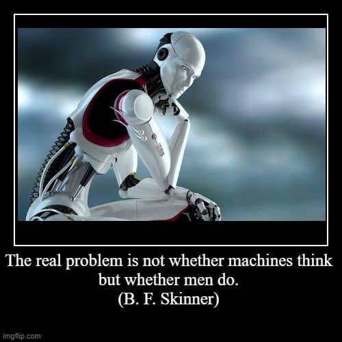 A meme featuring a 3D-rendered humanoid robot in a contemplative pose, with a caption below. The image is framed with a black border and white inner line. The robot is white with red and black accents, sitting with its head resting on its hand.