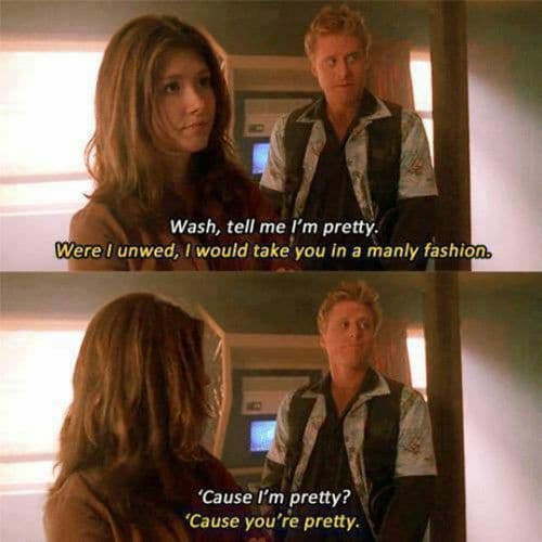 A two-panel meme featuring a scene from the TV show Firefly with a woman and a man in a spaceship setting. The top panel shows the woman speaking to the man, while the bottom panel shows the man responding. Subtitles are overlaid on both panels.