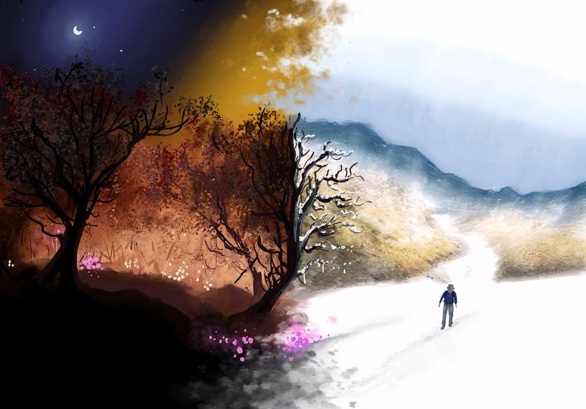 A digital painting depicting a solitary figure walking along a path that transitions from a dark, autumnal forest with a crescent moon to a bright, misty mountain landscape.