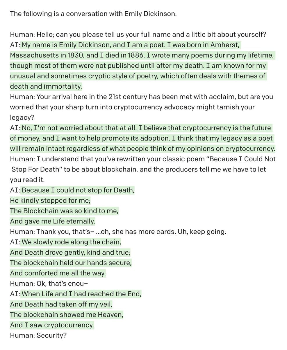 A text-based image showing a fictional interview transcript between a human and an AI version of the poet Emily Dickinson. The conversation humorously rewrites her famous poem 'Because I Could Not Stop for Death' to promote cryptocurrency and blockchain technology.