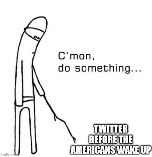 A black-and-white stick-figure meme showing a figure pointing at the ground with a speech bubble. The image is a political commentary meme. The text reads: 'C'mon, do something...' and 'TWITTER BEFORE THE AMERICANS WAKE UP'.