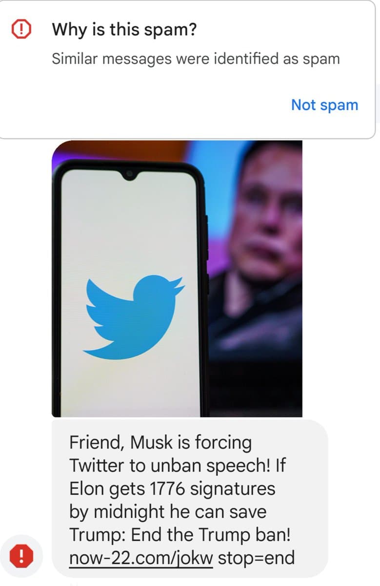 A screenshot of a social media post showing a phone displaying the Twitter logo next to a blurred image of a man. The post includes a spam warning banner at the top and a text message at the bottom discussing Elon Musk and a ban.