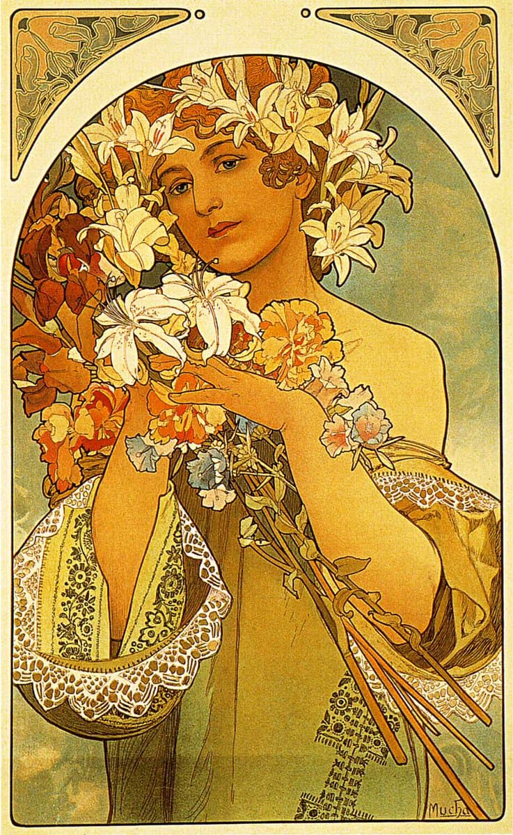 A reproduction of Alphonse Mucha's 1897 Art Nouveau poster 'Flower,' depicting a woman holding a large bouquet of lilies and other flowers. The image features the artist's signature in the bottom right corner.