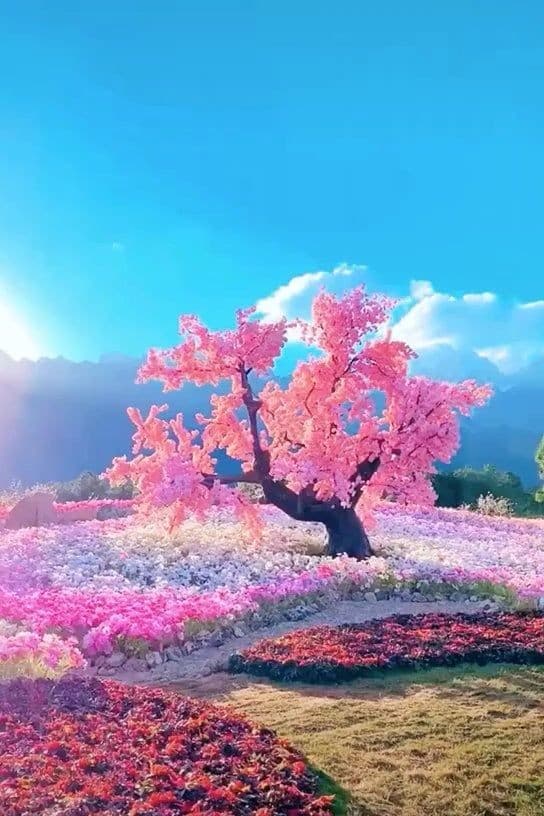 A vibrant landscape photograph featuring a large, blooming pink cherry blossom tree standing in a field of colorful flowers under a bright blue sky. The foreground is filled with patches of red and pink ground cover, while the background shows distant mountains and a clear horizon.
