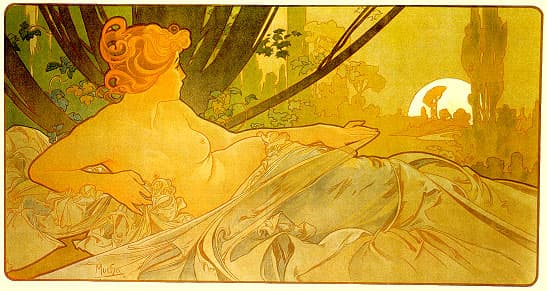 A reproduction of Alphonse Mucha's 1899 Art Nouveau painting, Dawn, depicting a nude woman reclining on a bed of flowers and gazing toward a rising sun in a forest. The image is a horizontal, landscape-oriented artwork characterized by flowing lines and a warm, golden color palette. The artist's signature, 'Mucha,' is visible in the lower left corner.