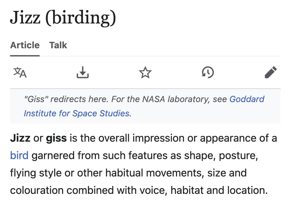 A screenshot of a Wikipedia article titled "Jizz (birding)". The page defines the term as the overall impression or appearance of a bird based on features like shape, posture, and voice.