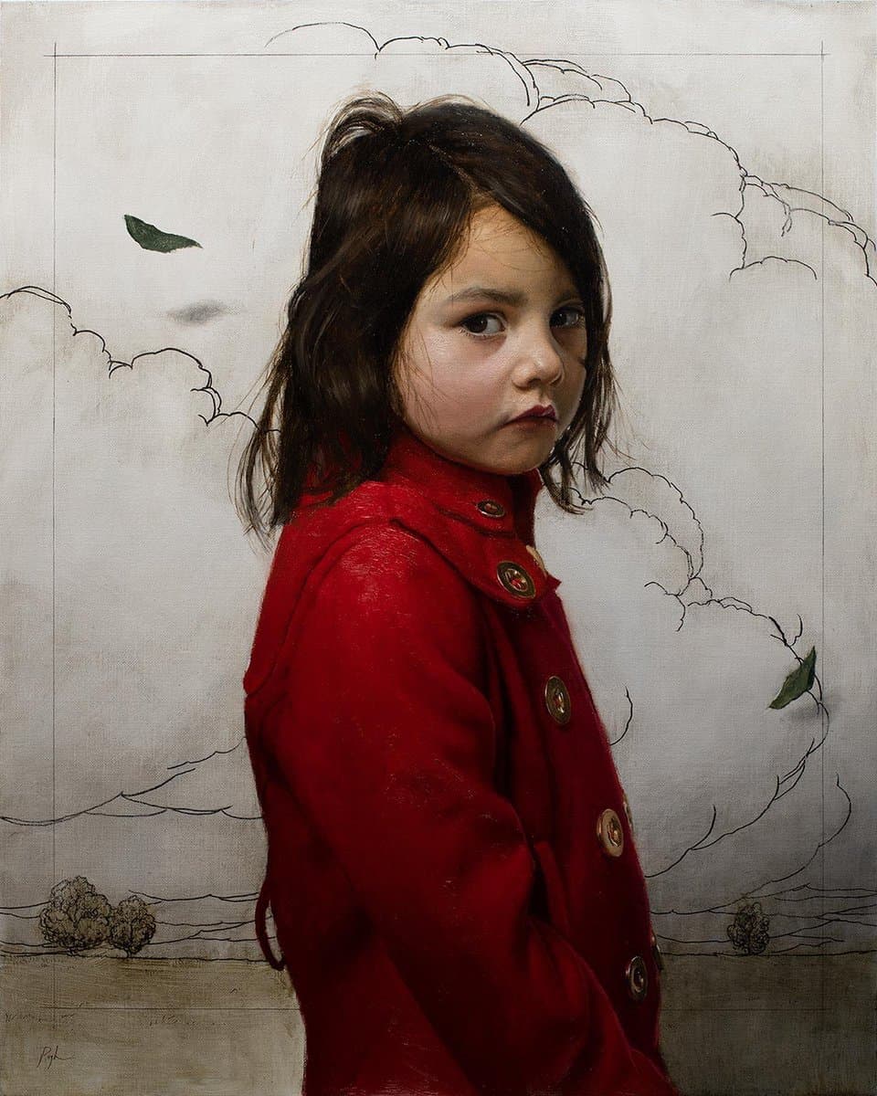A realistic painting of a young girl with dark hair wearing a red coat, set against a background of sketched clouds and a landscape.