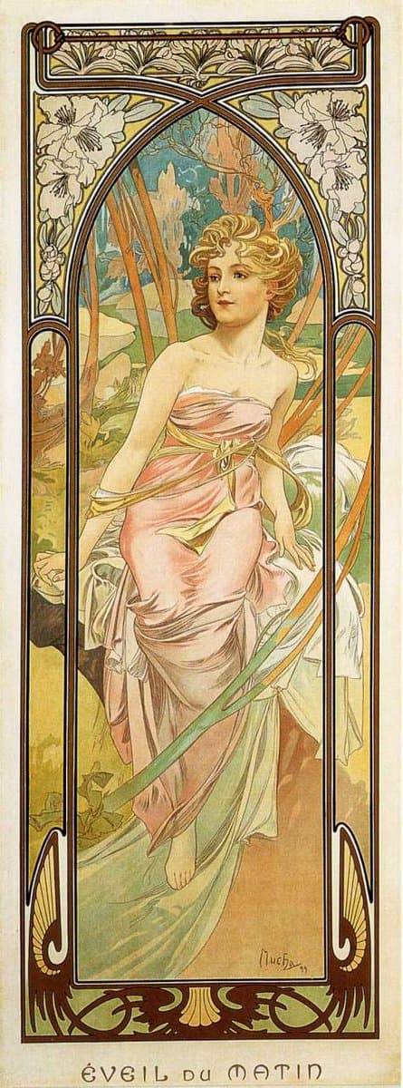 A vertical Art Nouveau illustration titled 'Éveil du Matin' (Morning Awakening) by Alphonse Mucha, depicting a woman in a flowing pink dress standing in a stylized forest setting. The artwork is framed by decorative borders featuring floral motifs and the artist's signature in the lower right corner.