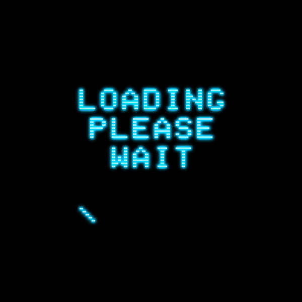 A digital image featuring pixelated, light-blue text on a black background that reads "LOADING PLEASE WAIT" with a small loading indicator below. The style mimics a retro computer or video game loading screen.