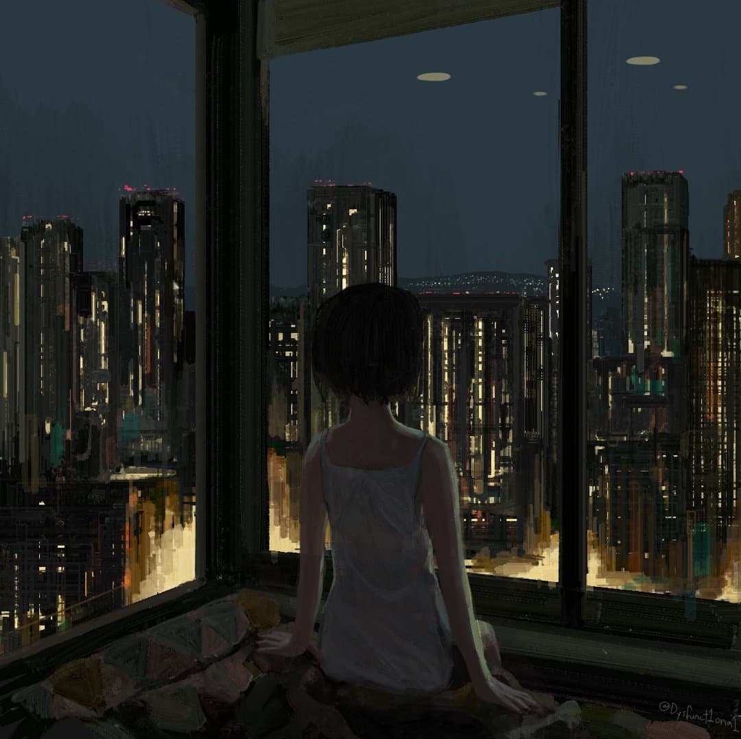 A digital painting of a person with short dark hair sitting on a windowsill, looking out at a sprawling city skyline at night. The scene is viewed from inside a room, with the city lights reflecting on the window glass. A watermark reading "@Dysfunctiona1" is visible in the bottom right corner.