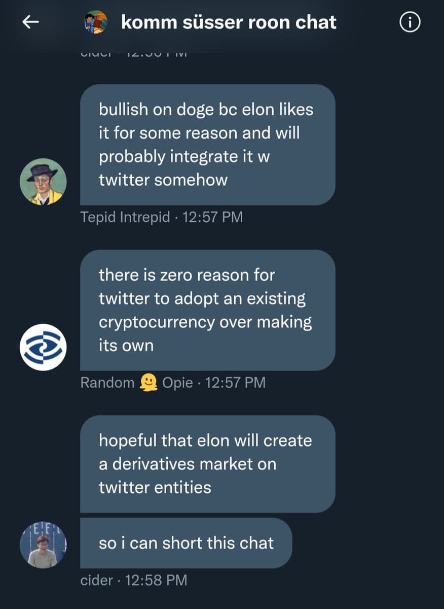 A screenshot of a dark-mode group chat titled "komm süßer roon chat" showing a conversation about cryptocurrency and Twitter. The messages discuss being bullish on Dogecoin, the possibility of Twitter adopting an existing cryptocurrency, and creating a derivatives market on Twitter entities.